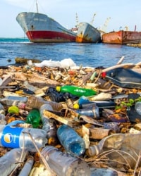Plastic bottles waste near ocean